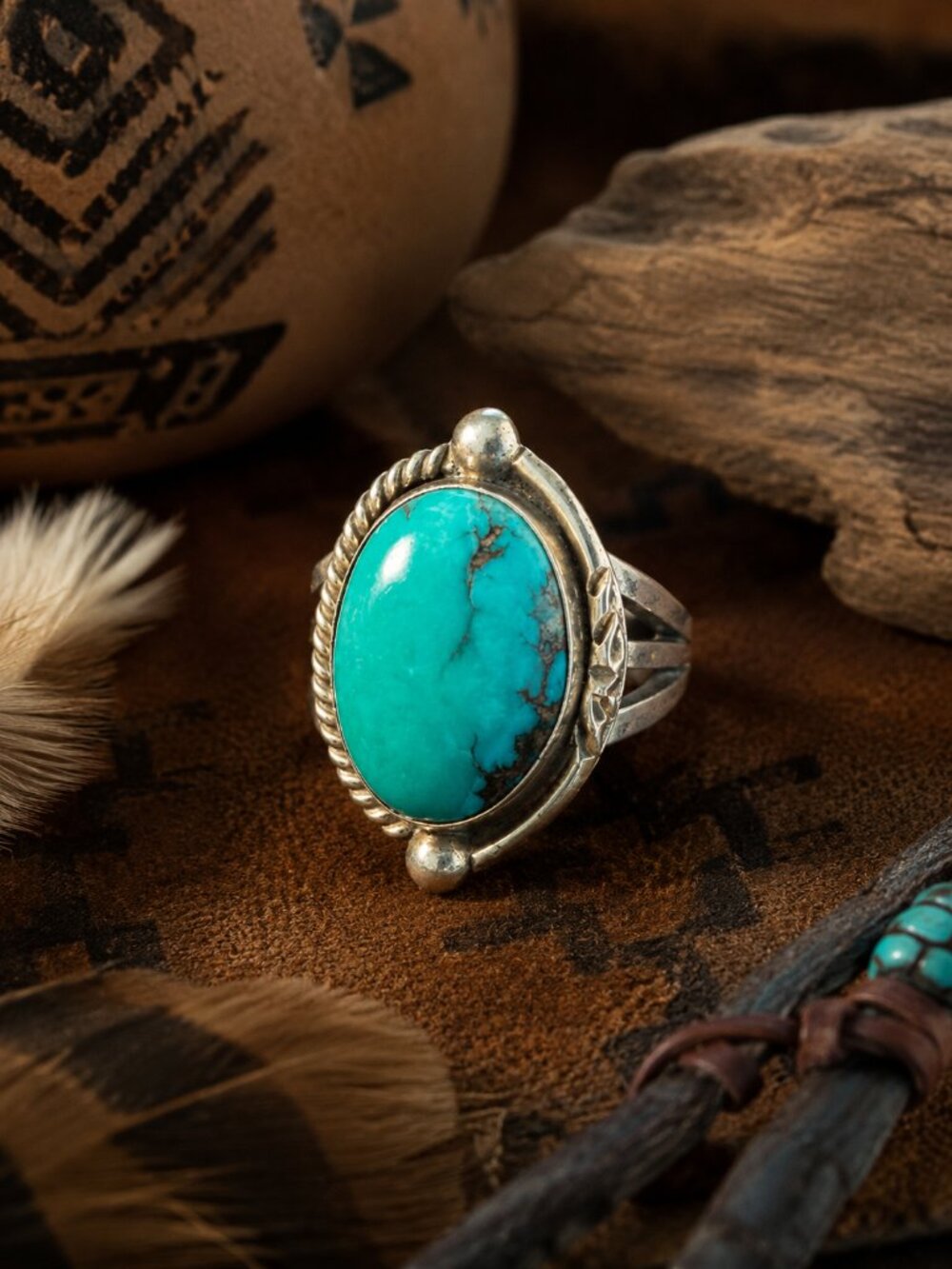 Vintage Southwestern Turquoise Sterling Silver Split Shank Ring Signed “L”